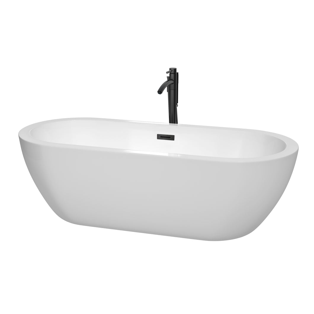 Wyndham Soho 72 Inch Freestanding Bathtub in White with Floor Mounted Faucet, Drain and Overflow Trim in Matte Black- Wyndham