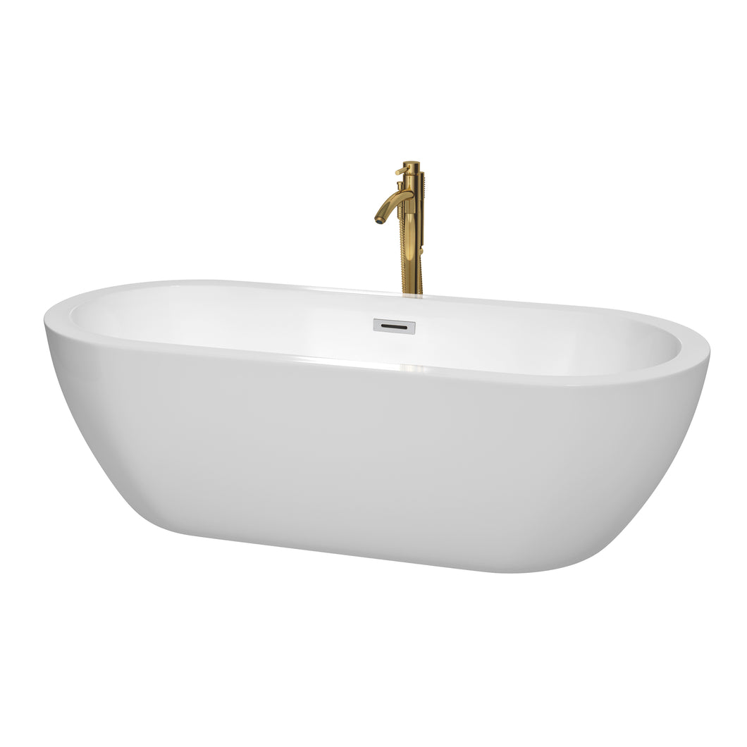 Wyndham Soho 72 Inch Freestanding Bathtub in White with Polished Chrome Trim and Floor Mounted Faucet in Brushed Gold- Wyndham