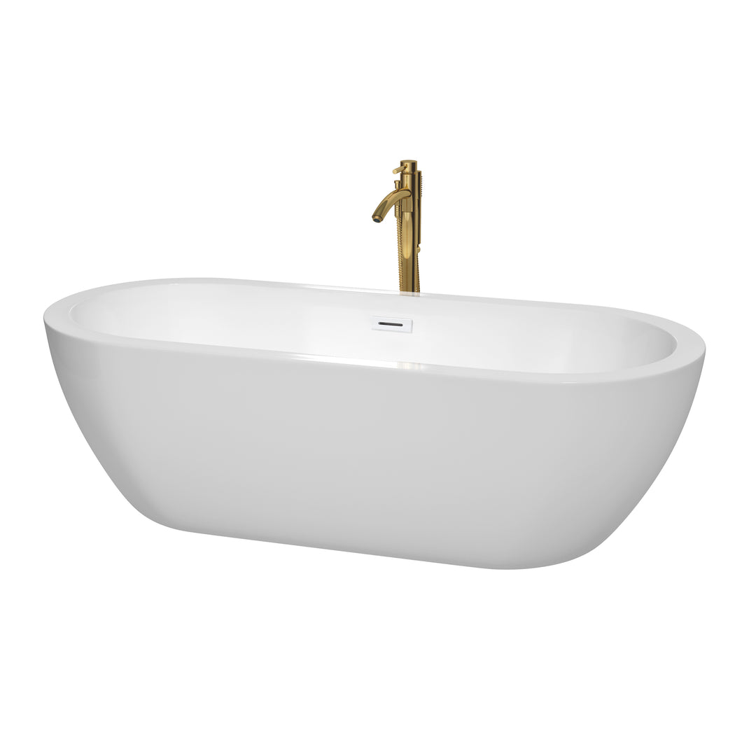 Wyndham Soho 72 Inch Freestanding Bathtub in White with Shiny White Trim and Floor Mounted Faucet in Brushed Gold- Wyndham