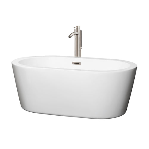 Wyndham Mermaid 60 Inch Freestanding Bathtub in White with Floor Mounted Faucet, Drain and Overflow Trim in Brushed Nickel- Wyndham