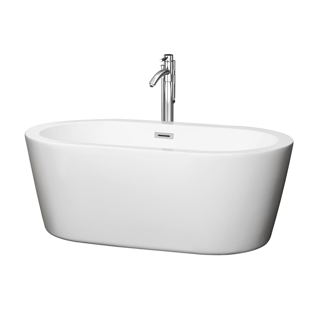 Wyndham Mermaid 60 Inch Freestanding Bathtub in White with Floor Mounted Faucet, Drain and Overflow Trim in Polished Chrome- Wyndham