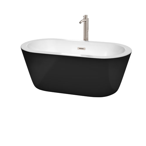 Wyndham Mermaid 60 Inch Freestanding Bathtub in Black with White Interior with Floor Mounted Faucet, Drain and Overflow Trim in Brushed Nickel- Wyndham