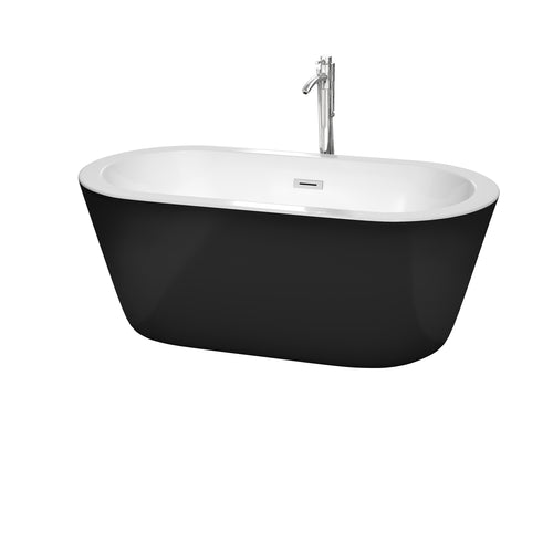 Wyndham Mermaid 60 Inch Freestanding Bathtub in Black with White Interior with Floor Mounted Faucet, Drain and Overflow Trim in Polished Chrome- Wyndham