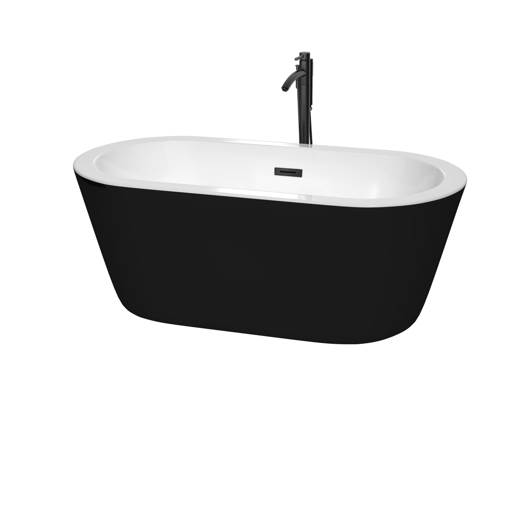 Wyndham Mermaid 60 Inch Freestanding Bathtub in Black with White Interior with Floor Mounted Faucet, Drain and Overflow Trim in Matte Black- Wyndham