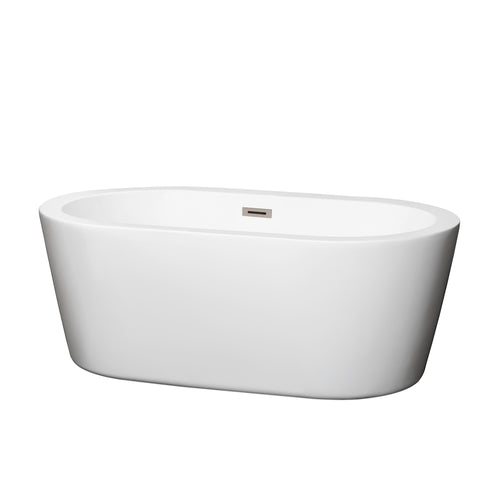Wyndham Mermaid 60 Inch Freestanding Bathtub in White with Brushed Nickel Drain and Overflow Trim- Wyndham