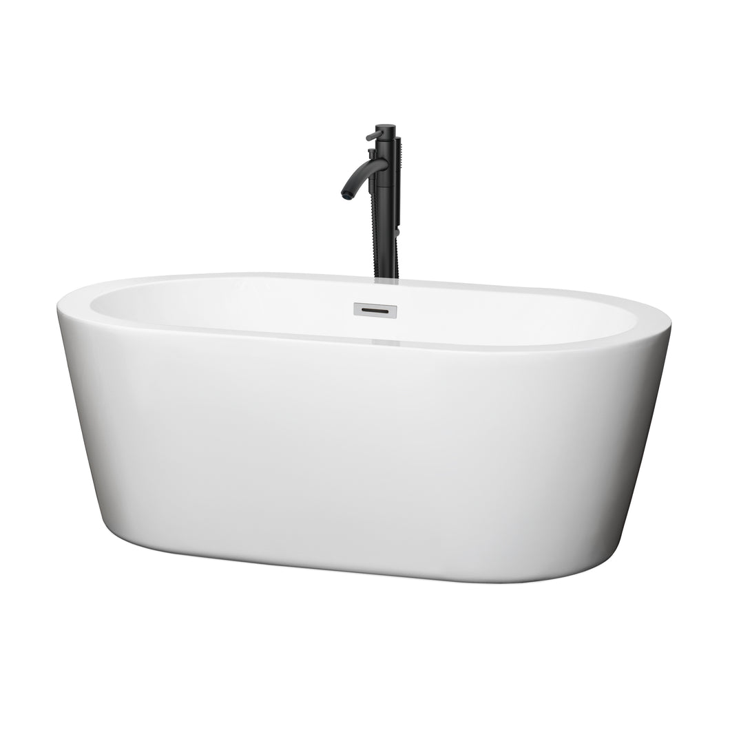 Wyndham Mermaid 60 Inch Freestanding Bathtub in White with Polished Chrome Trim and Floor Mounted Faucet in Matte Black- Wyndham