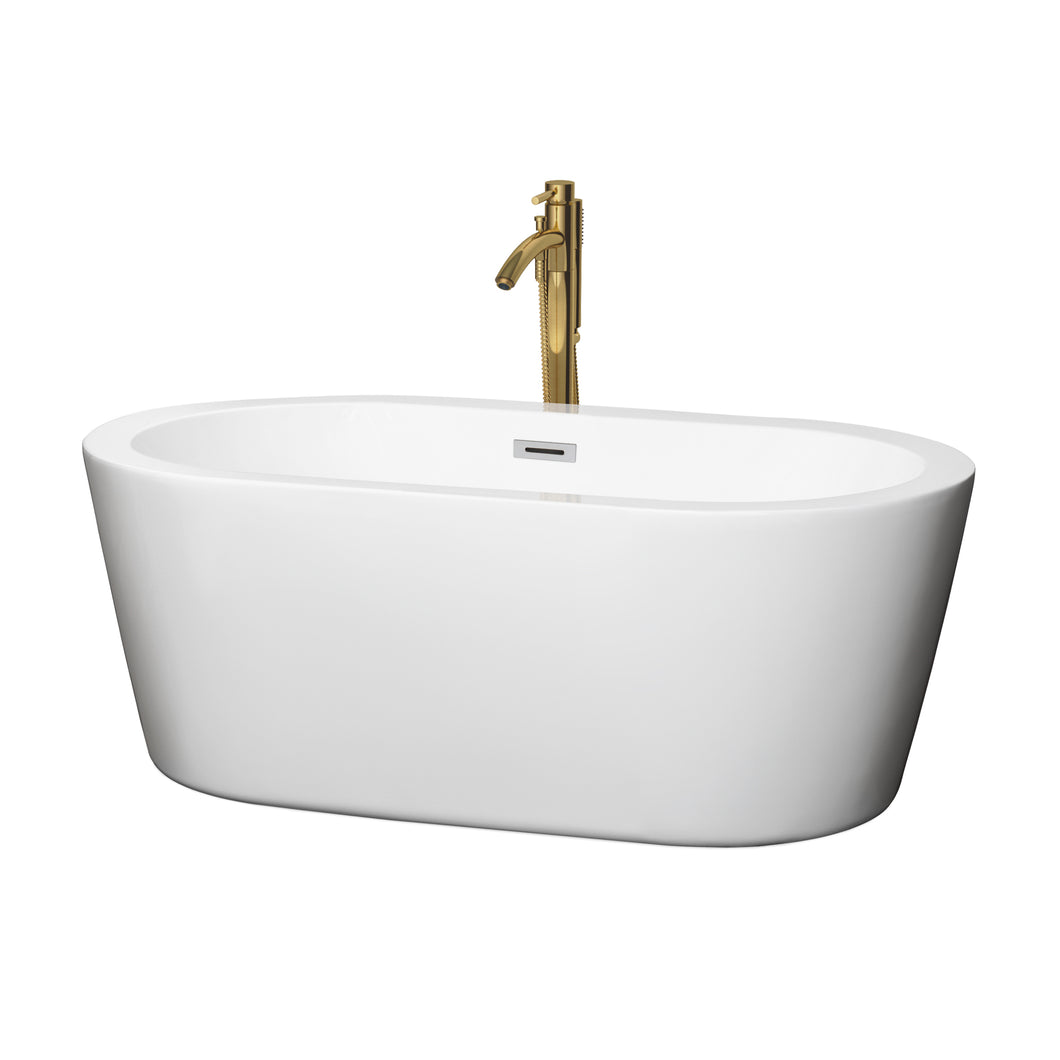 Wyndham Mermaid 60 Inch Freestanding Bathtub in White with Polished Chrome Trim and Floor Mounted Faucet in Brushed Gold- Wyndham