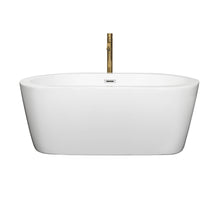 Load image into Gallery viewer, Wyndham Mermaid 60 Inch Freestanding Bathtub in White with Polished Chrome Trim and Floor Mounted Faucet in Brushed Gold- Wyndham