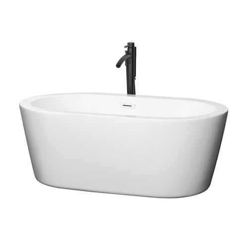 Wyndham Mermaid 60 Inch Freestanding Bathtub in White with Shiny White Trim and Floor Mounted Faucet in Matte Black- Wyndham