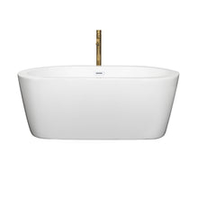 Load image into Gallery viewer, Wyndham Mermaid 60 Inch Freestanding Bathtub in White with Shiny White Trim and Floor Mounted Faucet in Brushed Gold- Wyndham