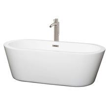 Load image into Gallery viewer, Wyndham Mermaid 67 Inch Freestanding Bathtub in White with Floor Mounted Faucet, Drain and Overflow Trim in Brushed Nickel- Wyndham