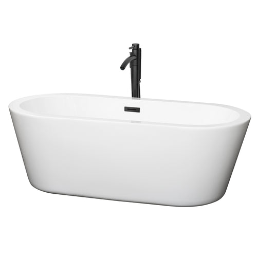 Wyndham Mermaid 67 Inch Freestanding Bathtub in White with Floor Mounted Faucet, Drain and Overflow Trim in Matte Black- Wyndham