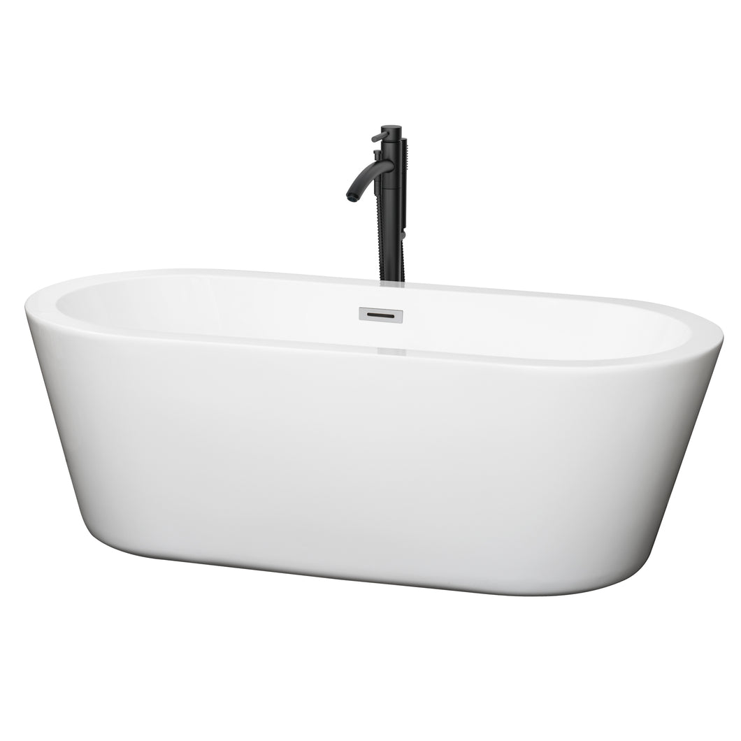 Wyndham Mermaid 67 Inch Freestanding Bathtub in White with Polished Chrome Trim and Floor Mounted Faucet in Matte Black- Wyndham