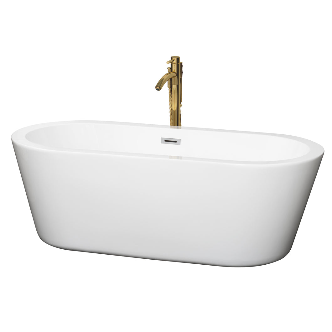 Wyndham Mermaid 67 Inch Freestanding Bathtub in White with Polished Chrome Trim and Floor Mounted Faucet in Brushed Gold- Wyndham