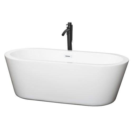 Wyndham Mermaid 67 Inch Freestanding Bathtub in White with Shiny White Trim and Floor Mounted Faucet in Matte Black- Wyndham