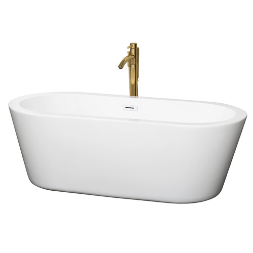 Wyndham Mermaid 67 Inch Freestanding Bathtub in White with Shiny White Trim and Floor Mounted Faucet in Brushed Gold- Wyndham