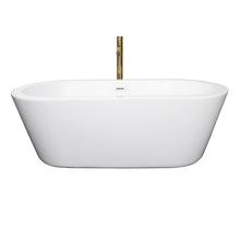 Load image into Gallery viewer, Wyndham Mermaid 67 Inch Freestanding Bathtub in White with Shiny White Trim and Floor Mounted Faucet in Brushed Gold- Wyndham