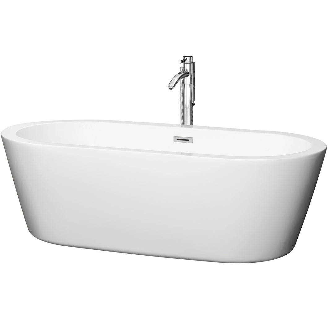 Wyndham Mermaid 71 Inch Freestanding Bathtub in White with Floor Mounted Faucet, Drain and Overflow Trim in Polished Chrome- Wyndham