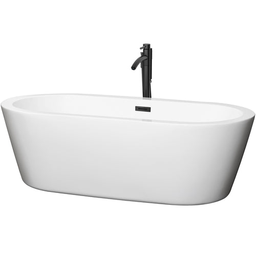 Wyndham Mermaid 71 Inch Freestanding Bathtub in White with Floor Mounted Faucet, Drain and Overflow Trim in Matte Black- Wyndham