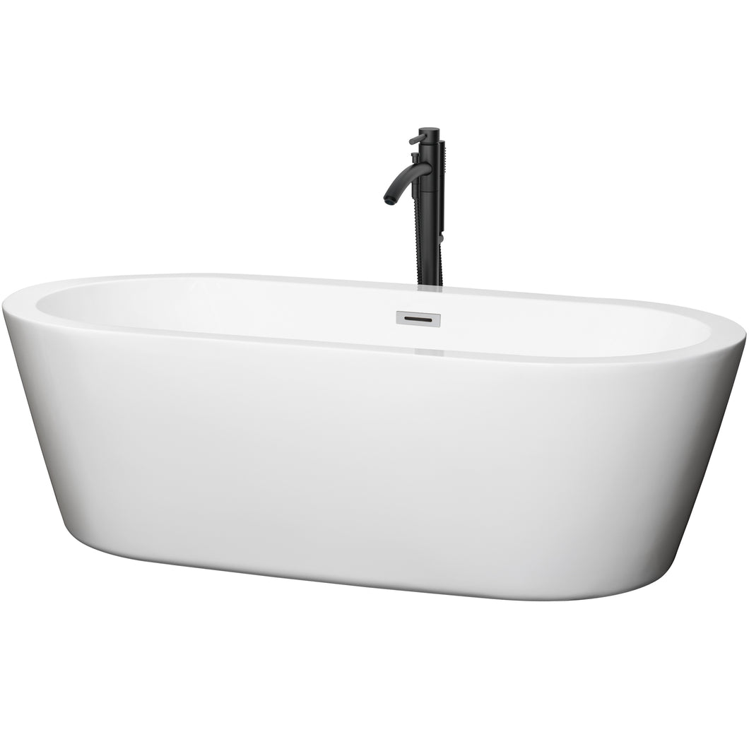Wyndham Mermaid 71 Inch Freestanding Bathtub in White with Polished Chrome Trim and Floor Mounted Faucet in Matte Black- Wyndham