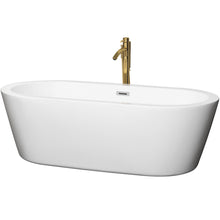 Load image into Gallery viewer, Wyndham Mermaid 71 Inch Freestanding Bathtub in White with Polished Chrome Trim and Floor Mounted Faucet in Brushed Gold- Wyndham