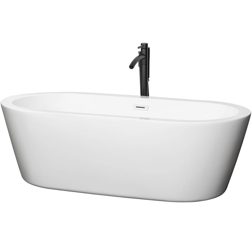 Wyndham Mermaid 71 Inch Freestanding Bathtub in White with Shiny White Trim and Floor Mounted Faucet in Matte Black- Wyndham