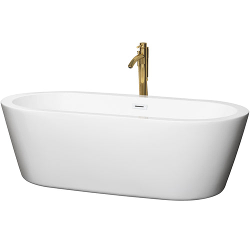 Wyndham Mermaid 71 Inch Freestanding Bathtub in White with Shiny White Trim and Floor Mounted Faucet in Brushed Gold- Wyndham