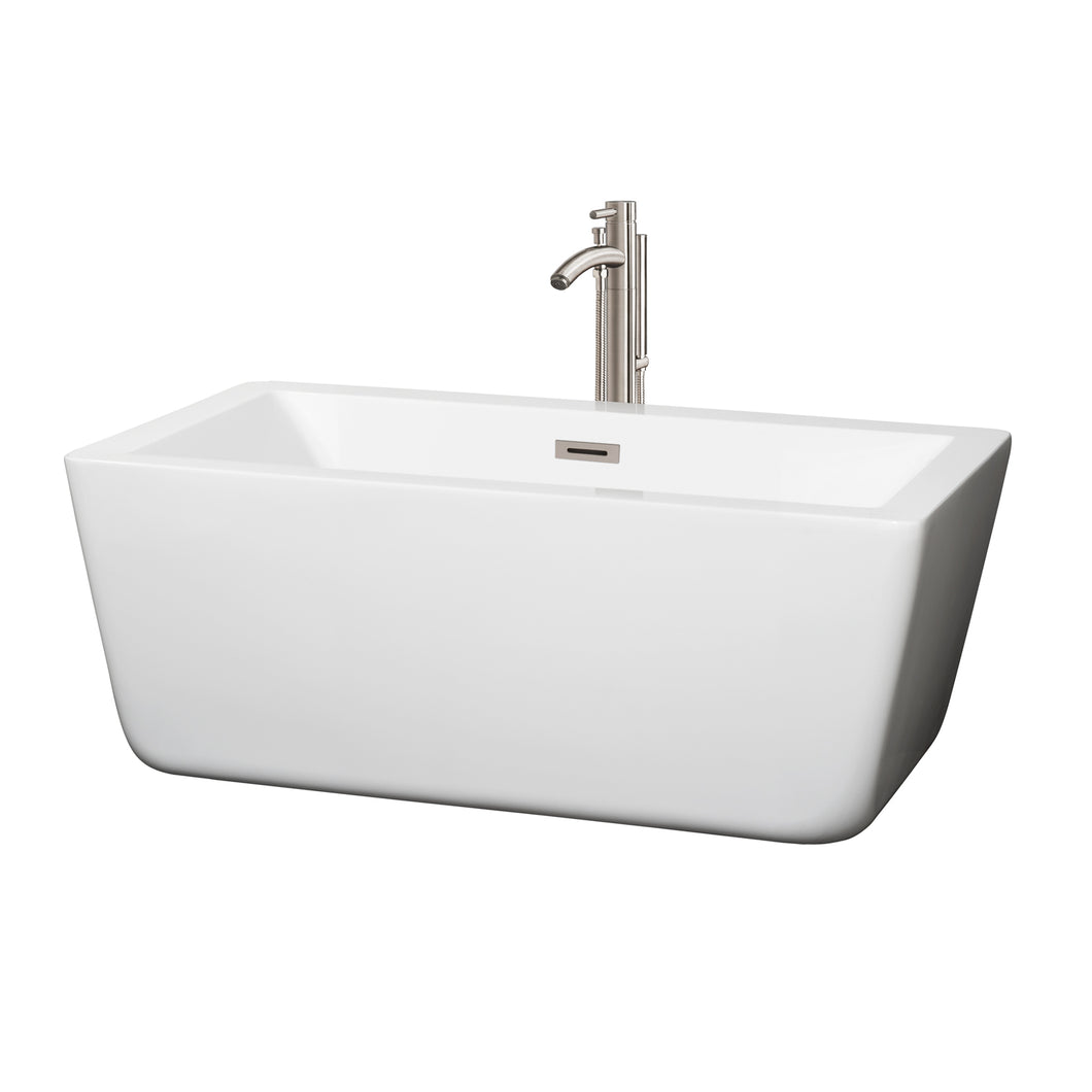 Wyndham Laura 59 Inch Freestanding Bathtub in White with Floor Mounted Faucet, Drain and Overflow Trim in Brushed Nickel- Wyndham