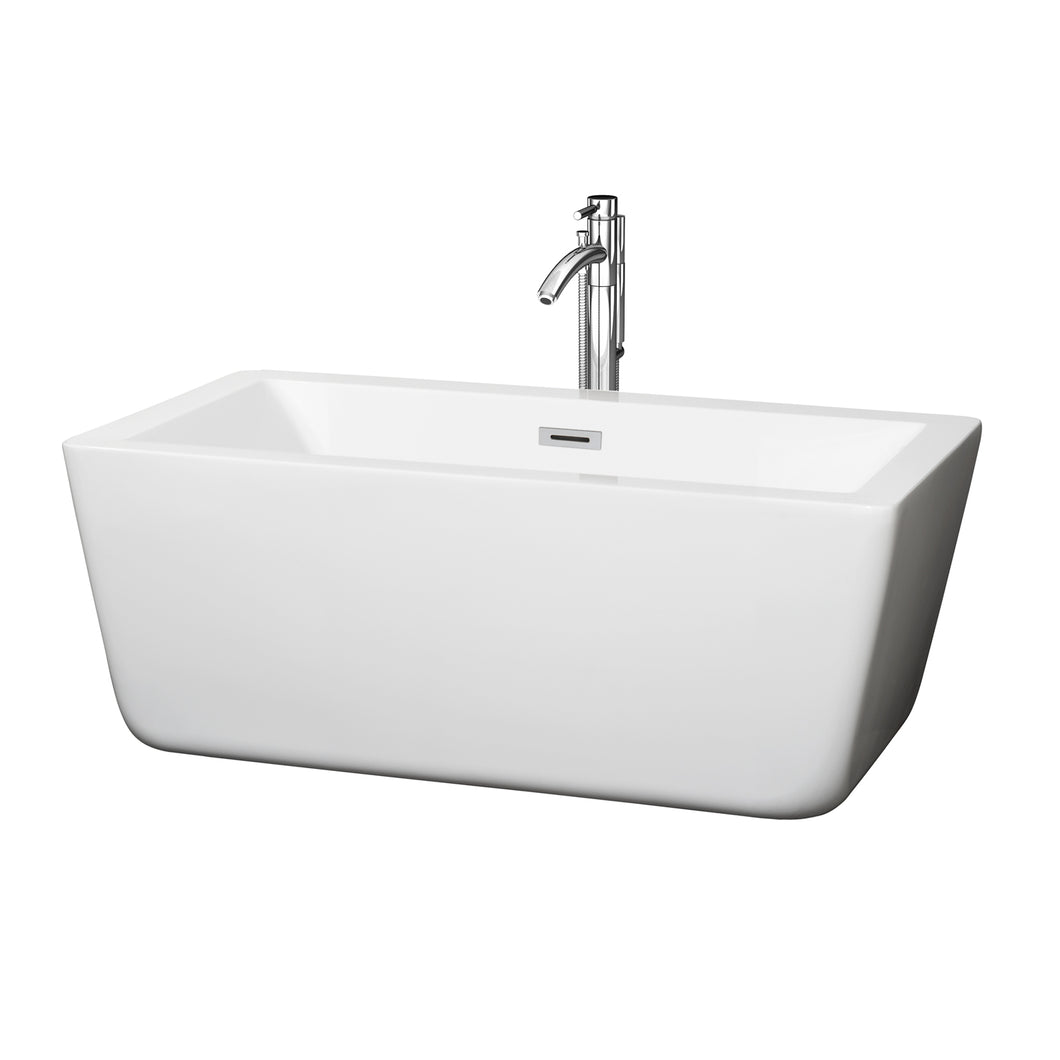 Wyndham Laura 59 Inch Freestanding Bathtub in White with Floor Mounted Faucet, Drain and Overflow Trim in Polished Chrome- Wyndham