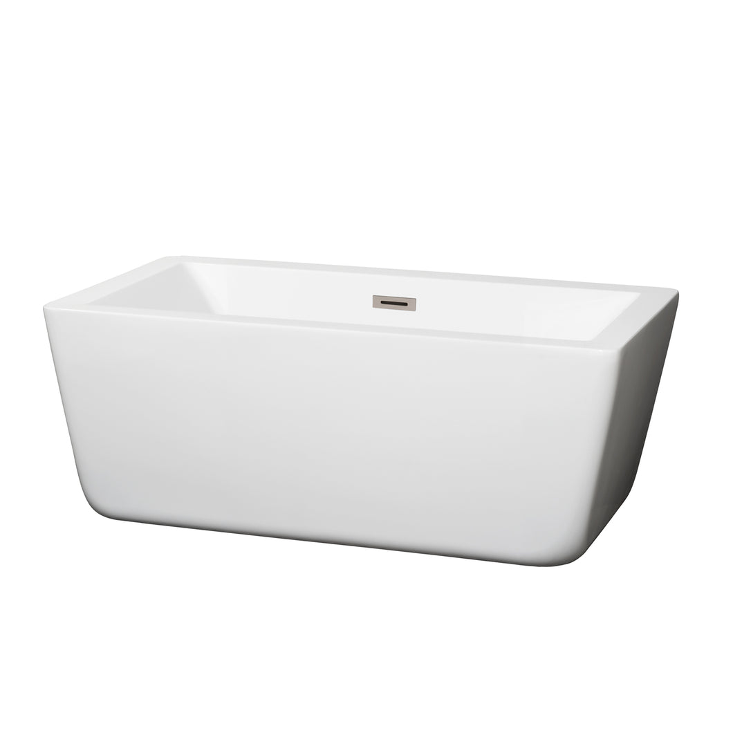 Wyndham Laura 59 Inch Freestanding Bathtub in White with Brushed Nickel Drain and Overflow Trim- Wyndham