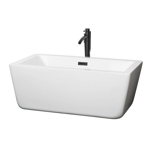 Wyndham Laura 59 Inch Freestanding Bathtub in White with Floor Mounted Faucet, Drain and Overflow Trim in Matte Black- Wyndham