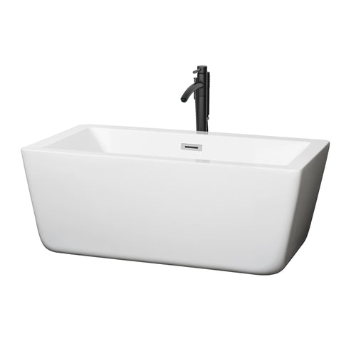 Wyndham Laura 59 Inch Freestanding Bathtub in White with Polished Chrome Trim and Floor Mounted Faucet in Matte Black- Wyndham