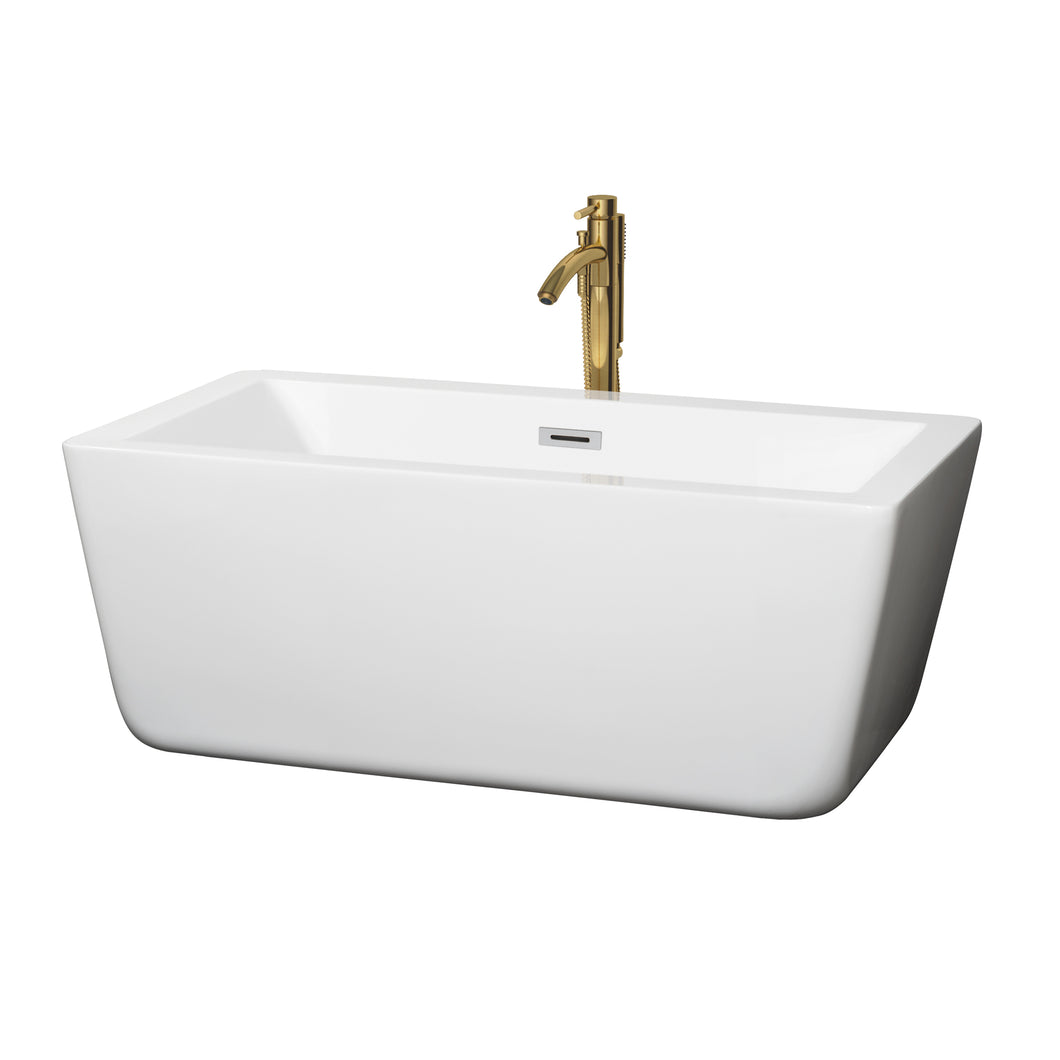 Wyndham Laura 59 Inch Freestanding Bathtub in White with Polished Chrome Trim and Floor Mounted Faucet in Brushed Gold- Wyndham