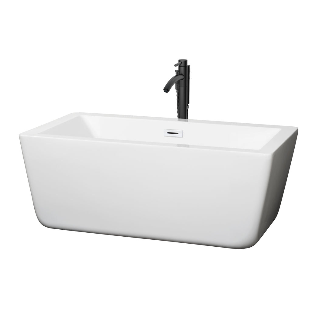 Wyndham Laura 59 Inch Freestanding Bathtub in White with Shiny White Trim and Floor Mounted Faucet in Matte Black- Wyndham