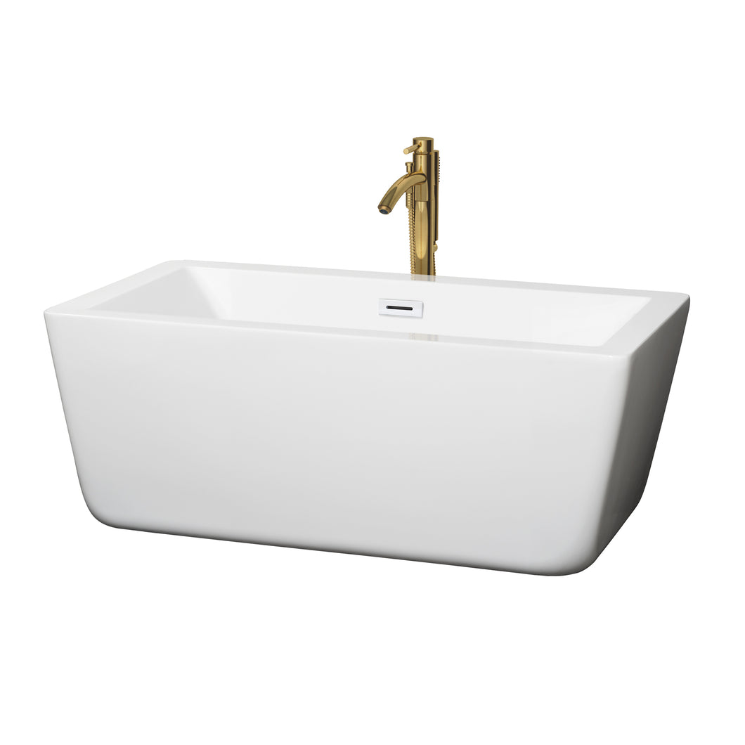 Wyndham Laura 59 Inch Freestanding Bathtub in White with Shiny White Trim and Floor Mounted Faucet in Brushed Gold- Wyndham