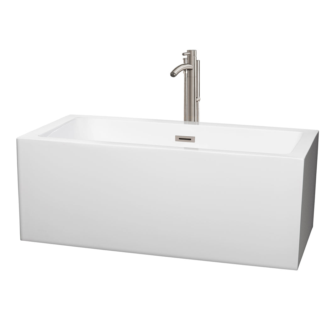Wyndham Melody 60 Inch Freestanding Bathtub in White with Floor Mounted Faucet, Drain and Overflow Trim in Brushed Nickel- Wyndham