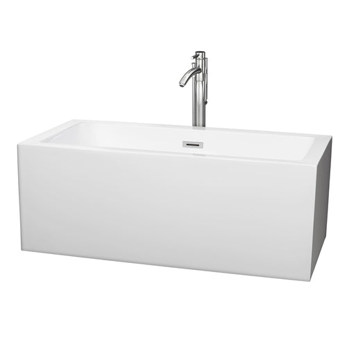 Wyndham Melody 60 Inch Freestanding Bathtub in White with Floor Mounted Faucet, Drain and Overflow Trim in Polished Chrome- Wyndham