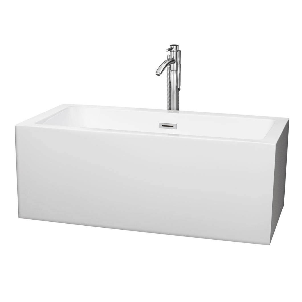 Wyndham Melody 60 Inch Freestanding Bathtub in White with Floor Mounted Faucet, Drain and Overflow Trim in Polished Chrome- Wyndham