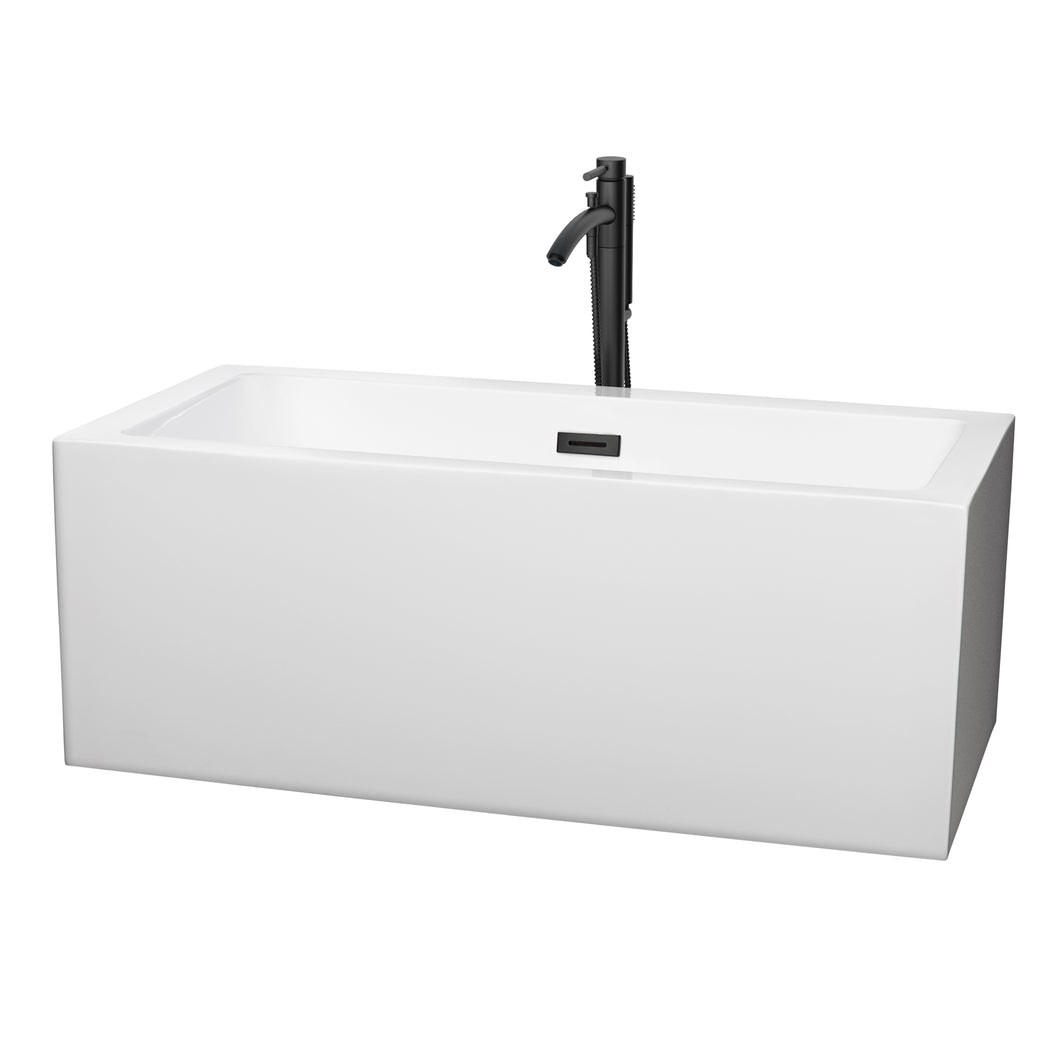 Wyndham Melody 60 Inch Freestanding Bathtub in White with Floor Mounted Faucet, Drain and Overflow Trim in Matte Black- Wyndham