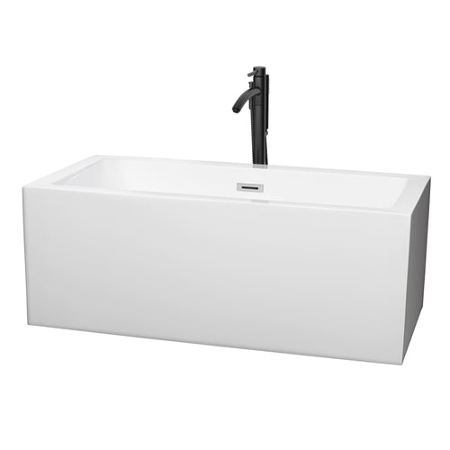 Wyndham Melody 60 Inch Freestanding Bathtub in White with Polished Chrome Trim and Floor Mounted Faucet in Matte Black- Wyndham