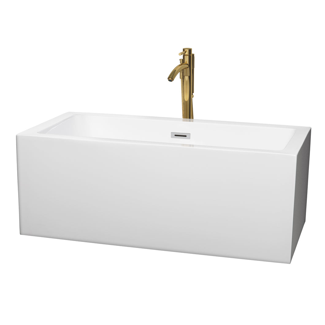 Wyndham Melody 60 Inch Freestanding Bathtub in White with Polished Chrome Trim and Floor Mounted Faucet in Brushed Gold- Wyndham