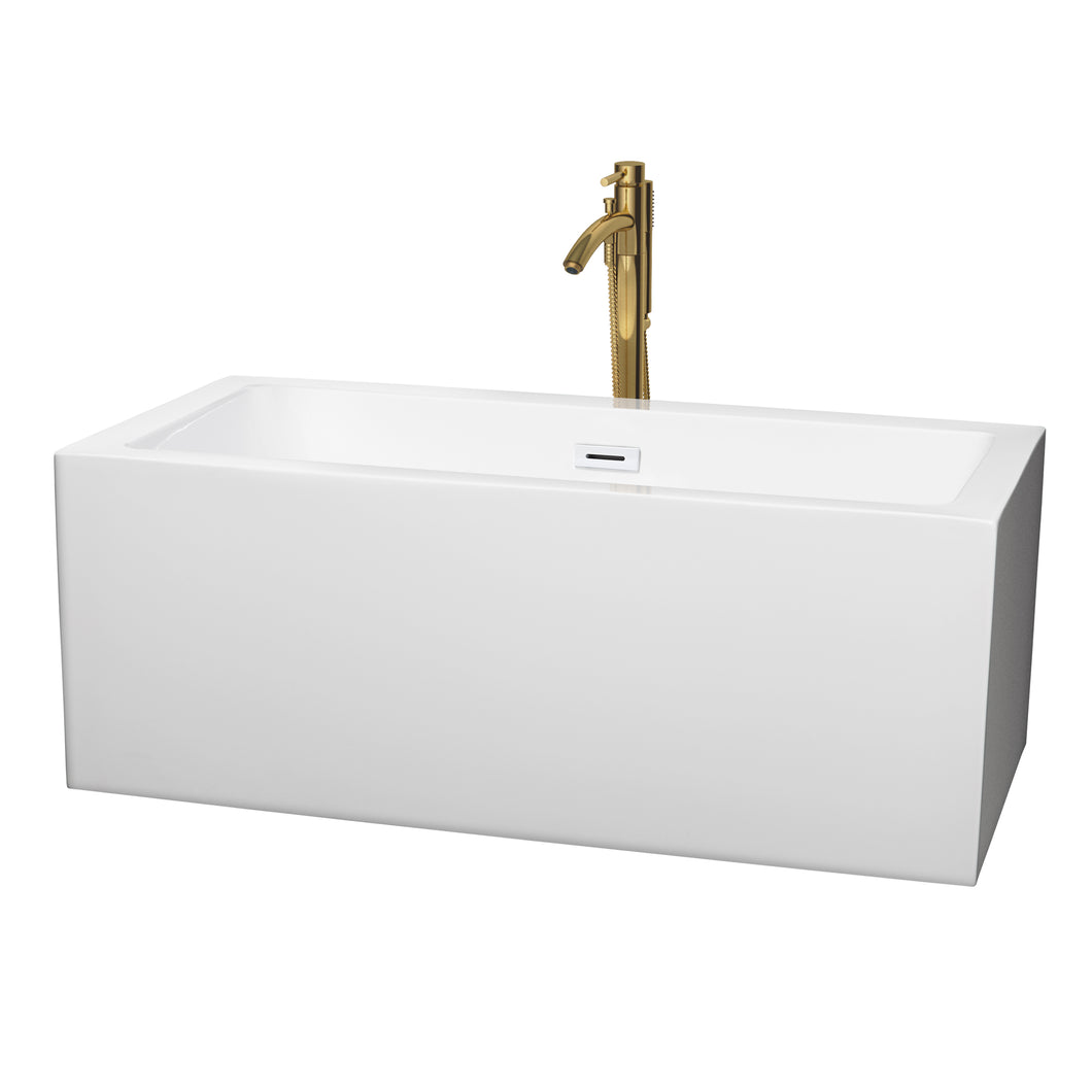 Wyndham Melody 60 Inch Freestanding Bathtub in White with Shiny White Trim and Floor Mounted Faucet in Brushed Gold- Wyndham