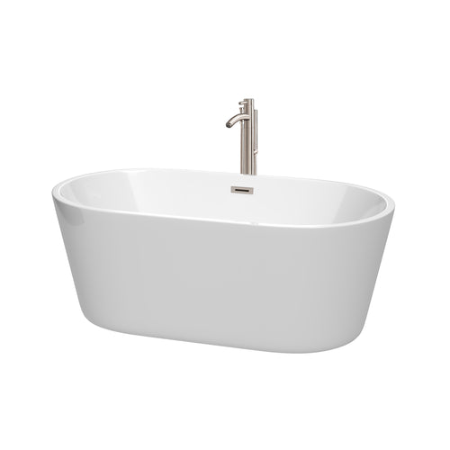 Wyndham Carissa 60 Inch Freestanding Bathtub in White with Floor Mounted Faucet, Drain and Overflow Trim in Brushed Nickel- Wyndham