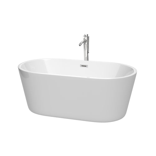 Wyndham Carissa 60 Inch Freestanding Bathtub in White with Floor Mounted Faucet, Drain and Overflow Trim in Polished Chrome- Wyndham