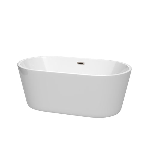 Wyndham Carissa 60 Inch Freestanding Bathtub in White with Brushed Nickel Drain and Overflow Trim- Wyndham