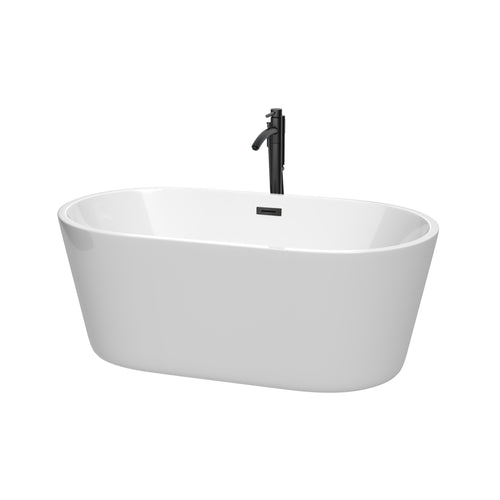 Wyndham Carissa 60 Inch Freestanding Bathtub in White with Floor Mounted Faucet, Drain and Overflow Trim in Matte Black- Wyndham