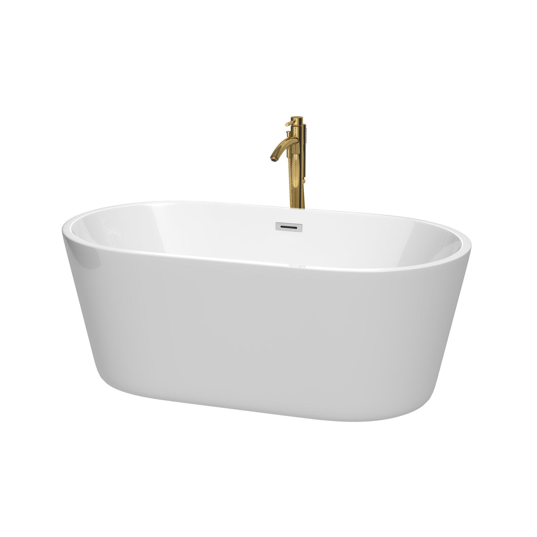 Wyndham Carissa 60 Inch Freestanding Bathtub in White with Polished Chrome Trim and Floor Mounted Faucet in Brushed Gold- Wyndham