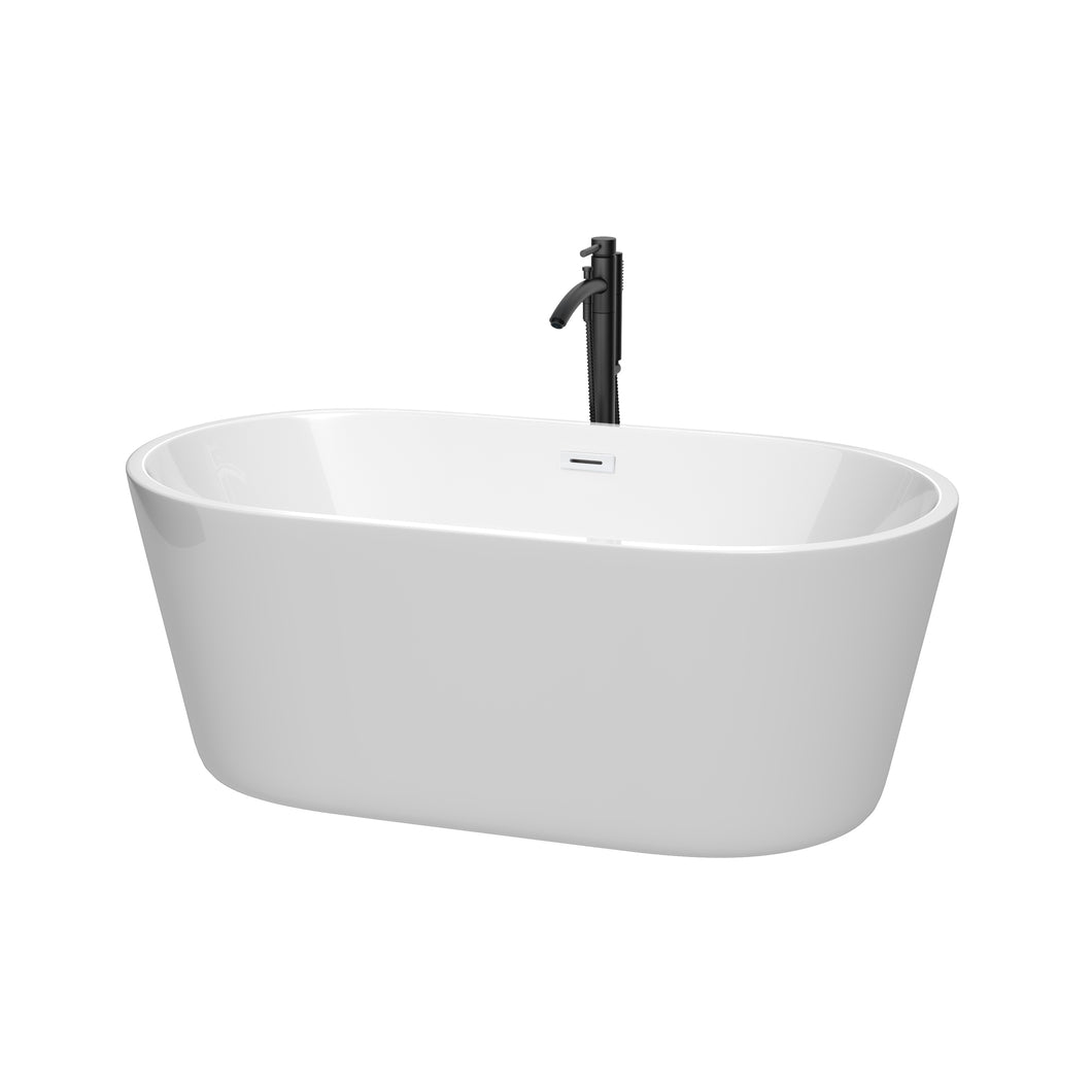 Wyndham Carissa 60 Inch Freestanding Bathtub in White with Shiny White Trim and Floor Mounted Faucet in Matte Black- Wyndham
