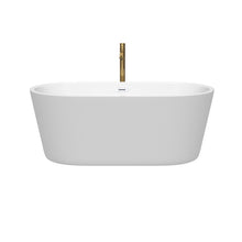 Load image into Gallery viewer, Wyndham Carissa 60 Inch Freestanding Bathtub in White with Shiny White Trim and Floor Mounted Faucet in Brushed Gold- Wyndham