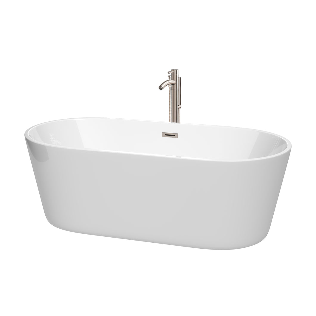 Wyndham Carissa 67 Inch Freestanding Bathtub in White with Floor Mounted Faucet, Drain and Overflow Trim in Brushed Nickel- Wyndham